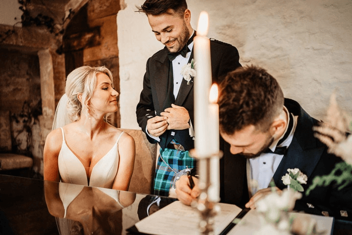 Natural and candid photo of wedding couple signing the register